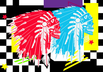 Indian skulls with mohawk, pop art colorful background vector illustration