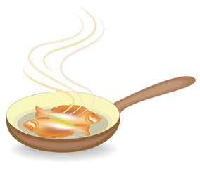 Two fish are fried in a hot frying pan. Tasty and nutritious food. Suitable for breakfast, lunch or dinner. Vector illustration.