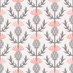 Scandinavian thistle gray & pink vector seamless pattern.