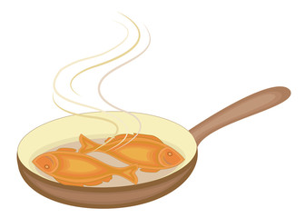 Two fish are fried in a hot frying pan. Tasty and nutritious food. Suitable for breakfast, lunch or dinner. Vector illustration.