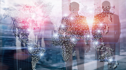 Global World Map Double Exposure Network. Telecommunication, International business Internet and technology concept