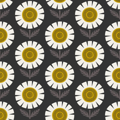 Scandinavian chamomiles black, gray & yellow vector pattern. - 266210424