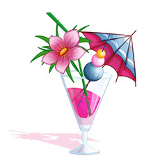 Summer tropical beach cocktail. A glass with a pink drink, a blue umbrella, pink tropical flower and skewer with multi-colored cherries. Holidays in Hawaii. Vector illustration.
