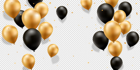 Gold and Black Balloons with confetti on a transparent background. - obrazy, fototapety, plakaty