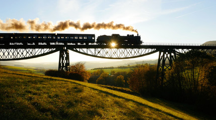 Historical Retro Steam Engine Train Driving on Railroad Track