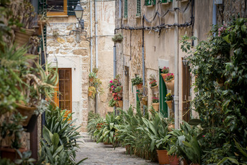 Fototapeta na wymiar charming mediterranean cobblestone street in Valldemossa, Mallorca