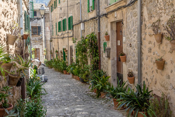 charming mediterranean cobblestone street in Valldemossa, Mallorca