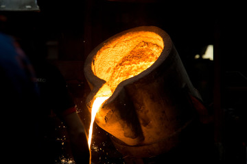 metal casting process with red high temperature fire in metal part factory