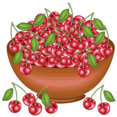 A bountiful harvest. Full bowl of beautiful juicy cherries. Sweet red berries, a source of vitamins and myctoelements. Vector illustration