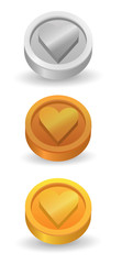 3d - heart coins in silver, bronze, gold