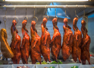 Tasty Roast Duck Hanging in Restaurant
