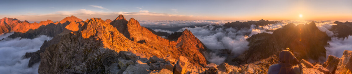 Mountains Landscape with Inversion in the Valley at Sunset as seen From Rysy Peak in High Tatras, Slovakia - obrazy, fototapety, plakaty