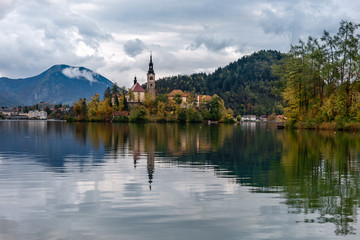 Fototapeta na wymiar Church of the Assumption of Mary in Lake Bled, Slovenia