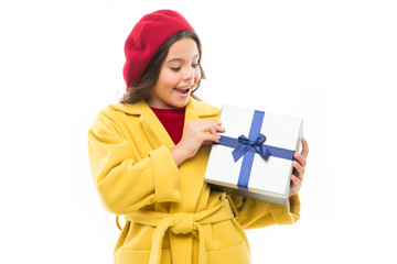 happy birthday present. little girl child in french beret. beauty spring fashion. happy birthday shopping. childrens day. France style. parisian child with birthday present box. small happy girl