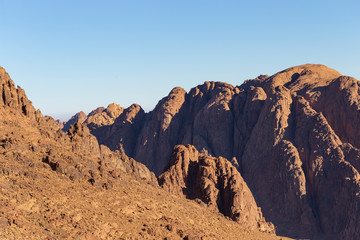 Egypt. Mount Sinai in the morning at sunrise. (Mount Horeb, Gabal Musa, Moses Mount). Pilgrimage place and famous touristic destination.