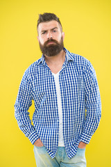 confident man with beard on yellow background. Summer confident hipster man hold hands in pocket. Male fashion and spring style. Mature serious man. Brutal bearded hipster in checkered shirt