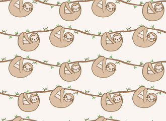Seamless tropical pattern with funny sloths hanging on the tree includes cute expressions. Adorable cartoon animal background. Vector rainforest set of cute sloths, branches leaves - Vector