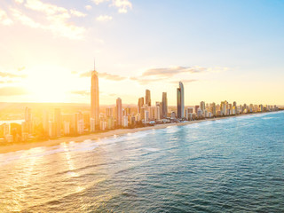 Surfers Paradise skyline at sunset from an aerial view on the Gold Coast in Queensland, Australia