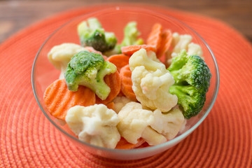 Fresh frozen sliced vegetables - cabbage, carrots in a plate on an orange background.