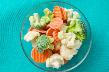 Fresh frozen sliced vegetables - cabbage, carrots in a plate on a light green background.