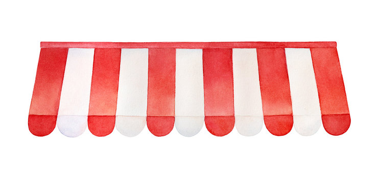 Red and white stripe awning for store, cafe, street restaurant, marketplace. One single object, front view. Hand drawn watercolour sketchy painting, cutout clip art element for design decoration.