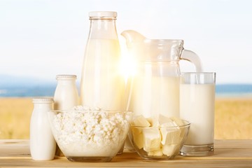Dairy products on wooden table