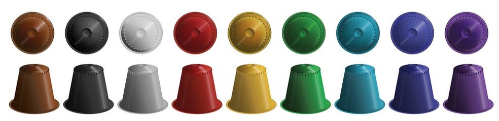 set, a collection of colorful coffee capsules on a white background. - obrazy, fototapety, plakaty