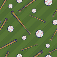 Color baseball seamless pattern with baseball bats and baseball balls on green field background
