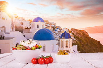 Greek food background. Traditional different greek dishes.
