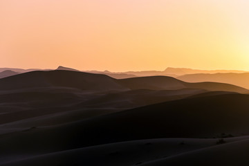 landscape of sand dunes in Sahara desert with fog at sunset