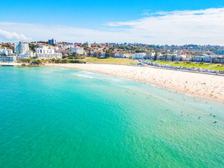 Fototapeta na wymiar An aerial view of Bondi Beach in Sydney, Australia on a busy day with blue water