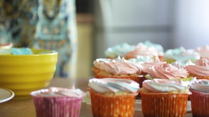 Decorating cup-cake with cream. Using cooking bag, confectioner making multicolor cupcakes for party. Shot of woman's hands putting butter cream on the tasty cakes, home bakery concept