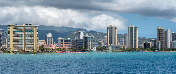 Fototapeta premium Panorama of Waikiki skyline in summer. 