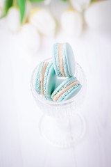 Mint or tiffany color macaron or macaroon dessert with vanilla cream on white background. Copy space
