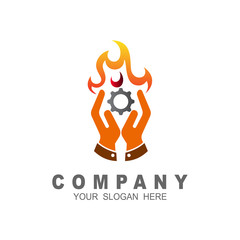 Fire and gear technology logo template vector, hand, fire, gear, and mechanical icon