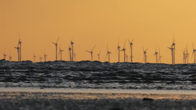 Offshore wind farm during sunset in Baltic sea. Renewable energy concept.