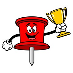 Push Pin Mascot with a Trophy - A vector cartoon illustration of an office Push Pin mascot.