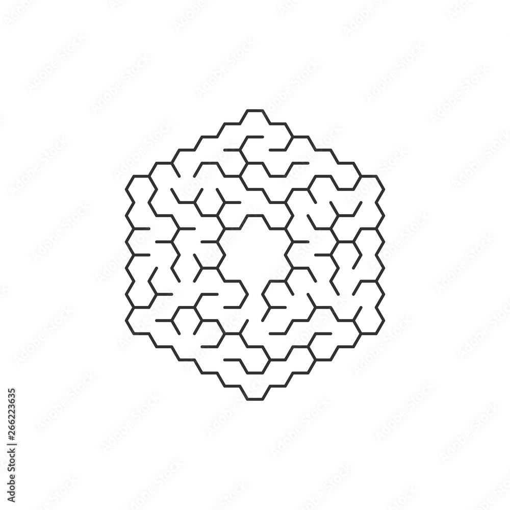 Poster circular labyrinth in the shape of a hexagon. vector illustration isolated on white background