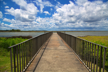 An empty fishing pier heading out into a saltland marsh