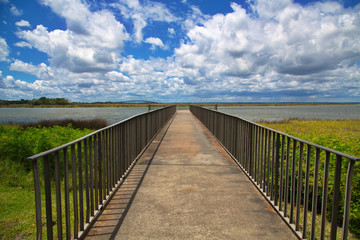 Obraz premium An empty fishing pier heading out into a saltland marsh