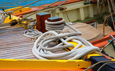 Details of the riggings on an old wooden tall ship