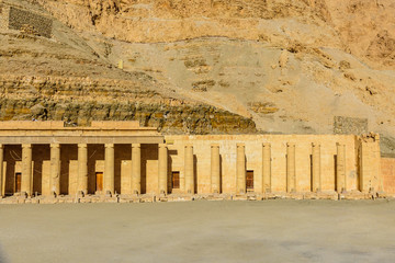 View on a temple of Hatshepsut under the high cliffs in Luxor, Egypt