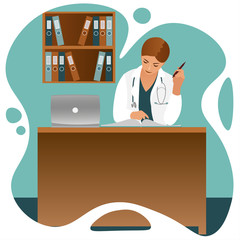 A female doctor in a white coat sits in an office at a desk at work in front of a laptop. Vector illustration.