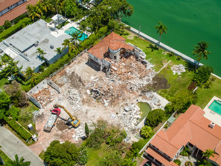 Aerial drone photo of a mansion being destroyed Miami Beach