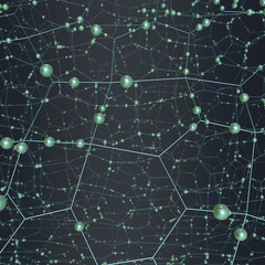 Abstract concept of green mesh and spheres on a black background. 3D illustration