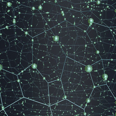 Abstract concept of green mesh and spheres on a black background. 3D illustration
