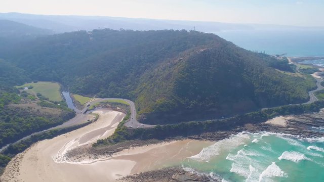 Drone flight towards the famous Great Ocean Road in Australia