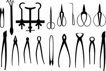 Vector illustration of black silhouettes of assorted gardening tools for bonsai shaping