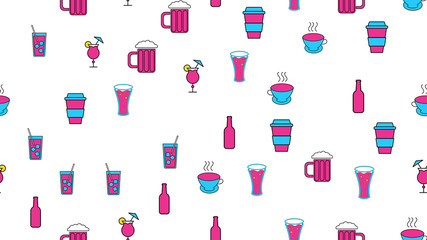 Texture seamless pattern from a set of raivy good tasty refreshing alcoholic drinks cocktails whiskey beer coffee tea with ice on a white background. Vector illustration