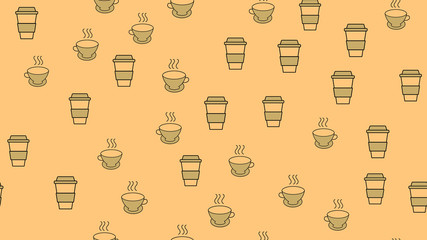 Texture seamless pattern from a set of beautiful nice tasty refreshing coffee drinks in fast takeaway paper thermo glasses and tea in ceramic cups on a brown background. Vector illustration